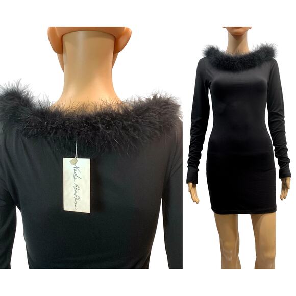 NEW Vintage Nadia Aboulhosn Mini Dress Black Marabou Trim - Picture 7 of 8